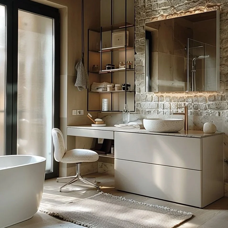 Luxury modern bathroom in Barcelona featuring a stone accent wall, a minimalist floating vanity with a vessel sink, a freestanding bathtub, and a designer vanity chair, by Sebastian PM