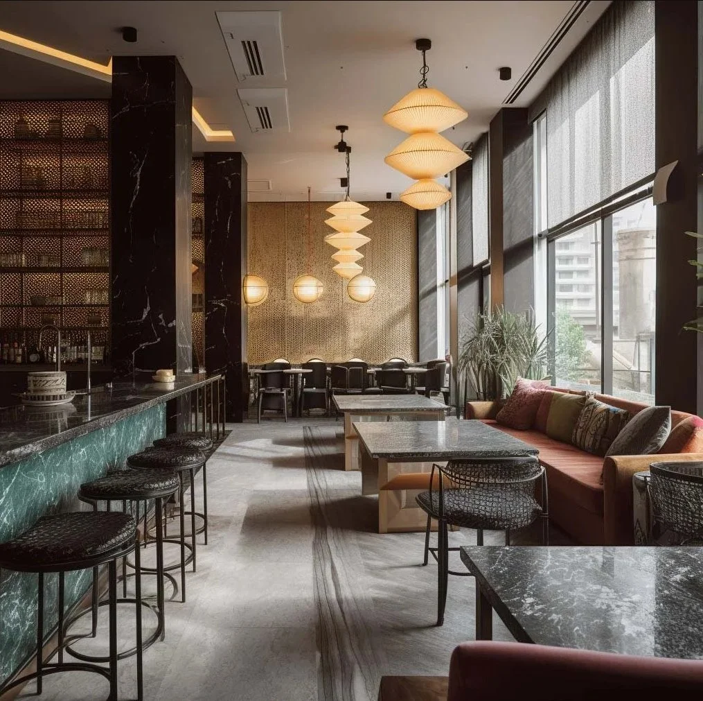 Sophisticated hotel bar in Madrid featuring a deep green marble counter, black marble pillars, sculptural pleated pendant lights, and high-contrast velvet lounge seating near expansive windows.