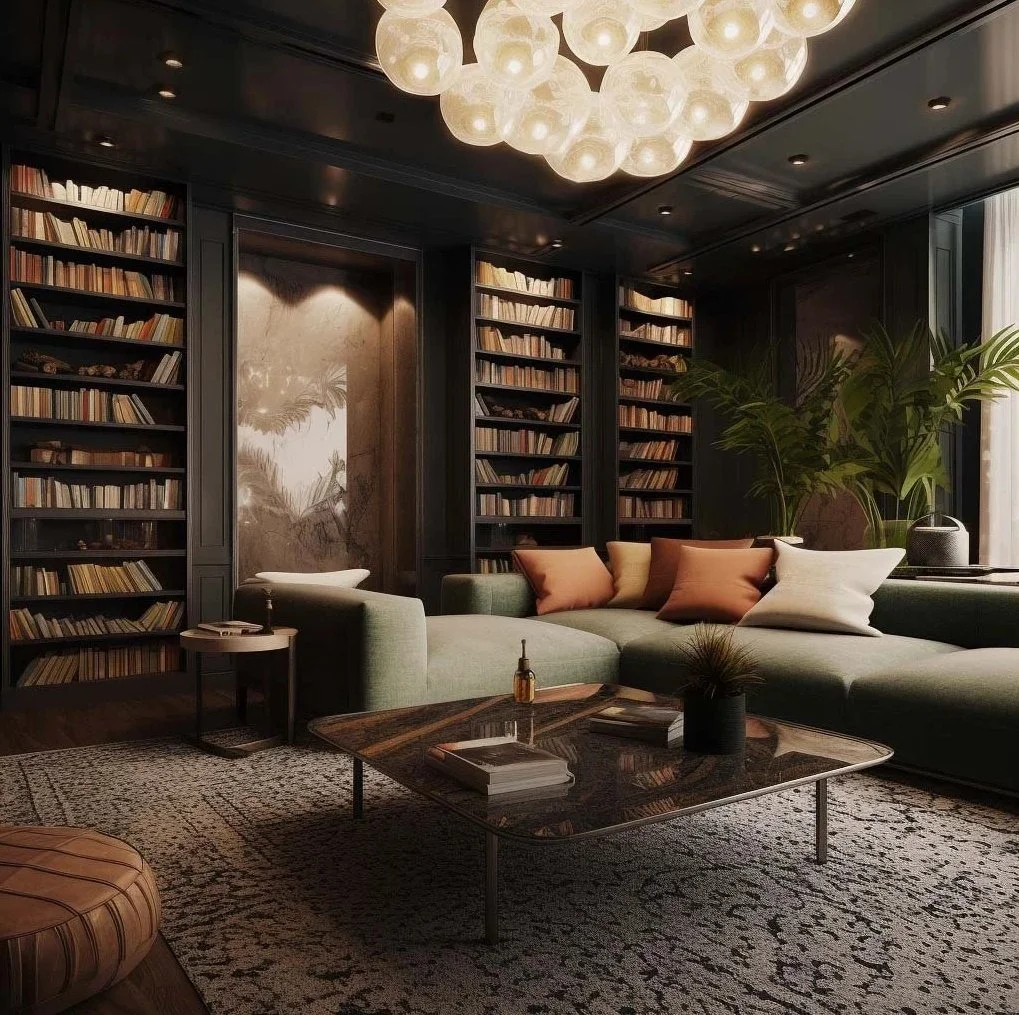 Moody "Salon Privé" in a Paris boutique hotel featuring jet-black wainscoting, floor-to-ceiling bespoke bookcases, a rich emerald green velvet sectional sofa, and a sculptural amber-hued bubble chandelier.