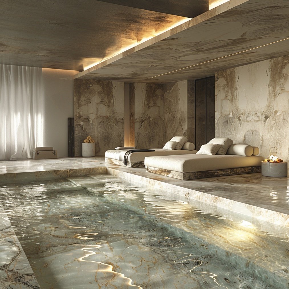 Luxury indoor infinity pool in Madrid with earth-toned marble walls and flooring, integrated cove lighting, and plush poolside daybeds, designed by Sebastian PM.