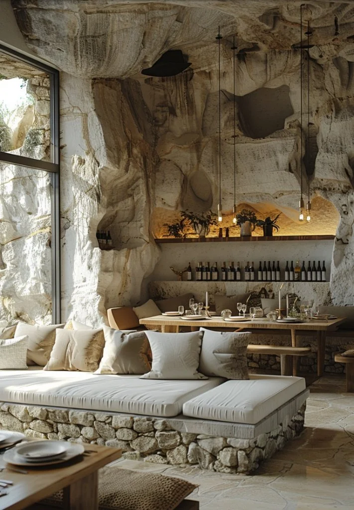 Luxury organic lounge area in a Mediterranean cave bar featuring stone-carved sofas, beige textiles, integrated wine display, and warm ambient lighting designed by Sebastian PM