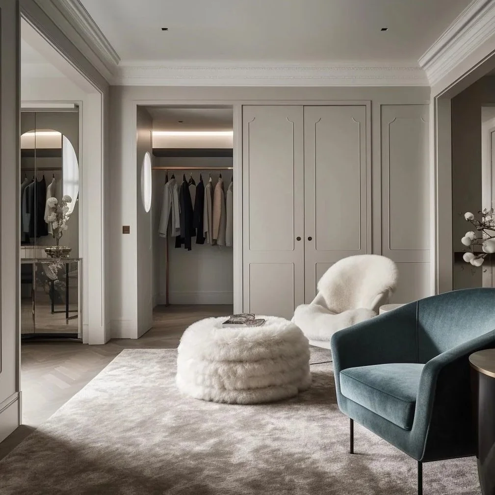Sophisticated dressing room salon with bespoke cream cabinetry, a plush velvet armchair, a faux fur ottoman, and herringbone hardwood floors in a historic London residence.
