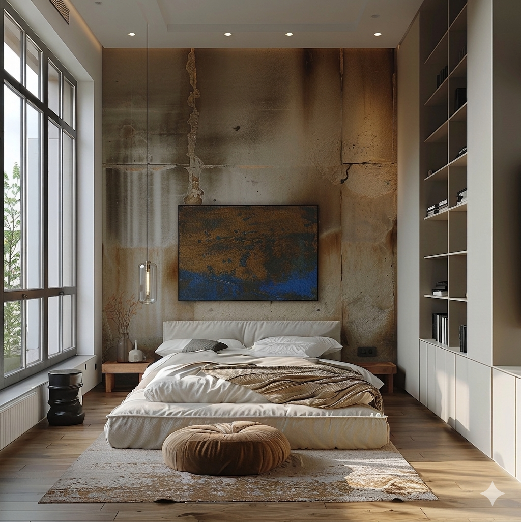 Contemporary industrial bedroom in a Barcelona loft, featuring a large textured raw concrete accent wall, curated modern art, warm oak wood flooring, and floor-to-ceiling windows with natural light, designed by Sebastian PM