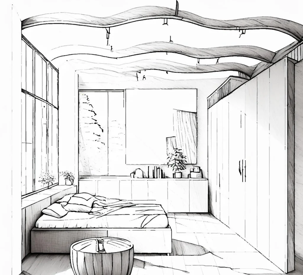 Architectural technical sketch of a master bedroom in Barcelona, showing the design of a wave-like acoustic ceiling, industrial window systems, and spatial planning with technical annotations by Sebastian PM.