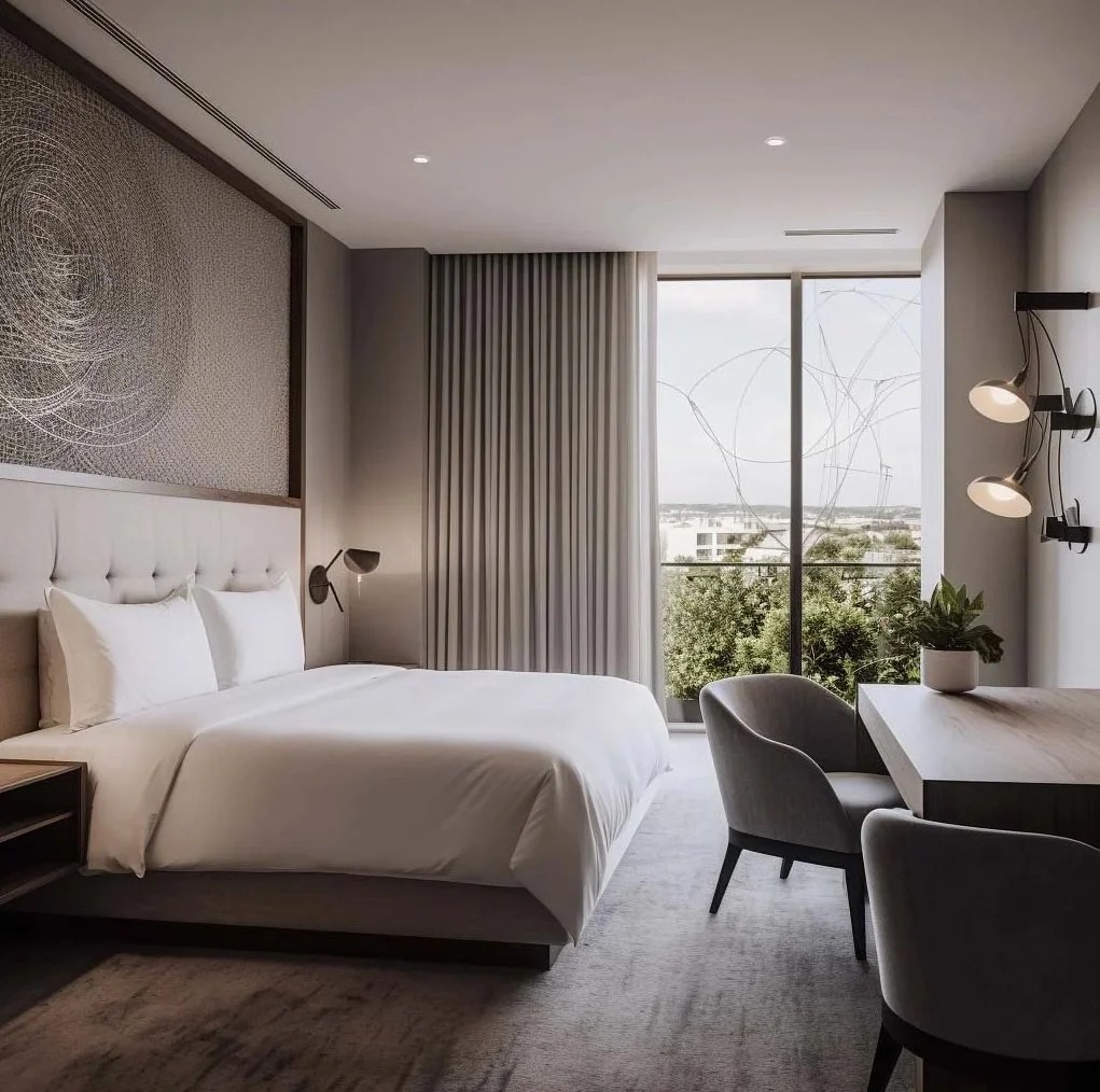 Upscale hotel suite in Madrid with a tufted headboard, biomorphic wall art, contemporary grey armchairs, and floor-to-ceiling windows overlooking lush city greenery.