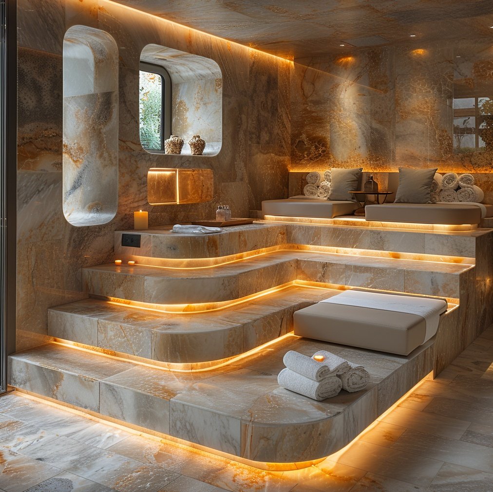 Luxury spa relaxation area in Madrid featuring tiered natural stone seating with integrated warm LED contour lighting, plush earth-toned cushions, and organic wall cutouts, designed by Sebastian PM