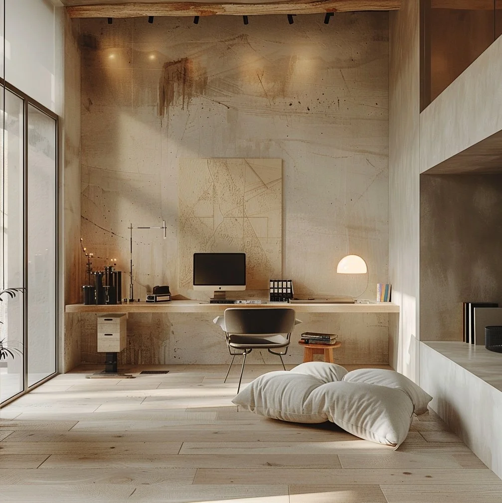 Modern luxury home office at Valencia Gold residence featuring a monolithic wooden desk, minimalist executive chair, and textured concrete walls illuminated by natural Mediterranean sunlight from floor-to-ceiling windows