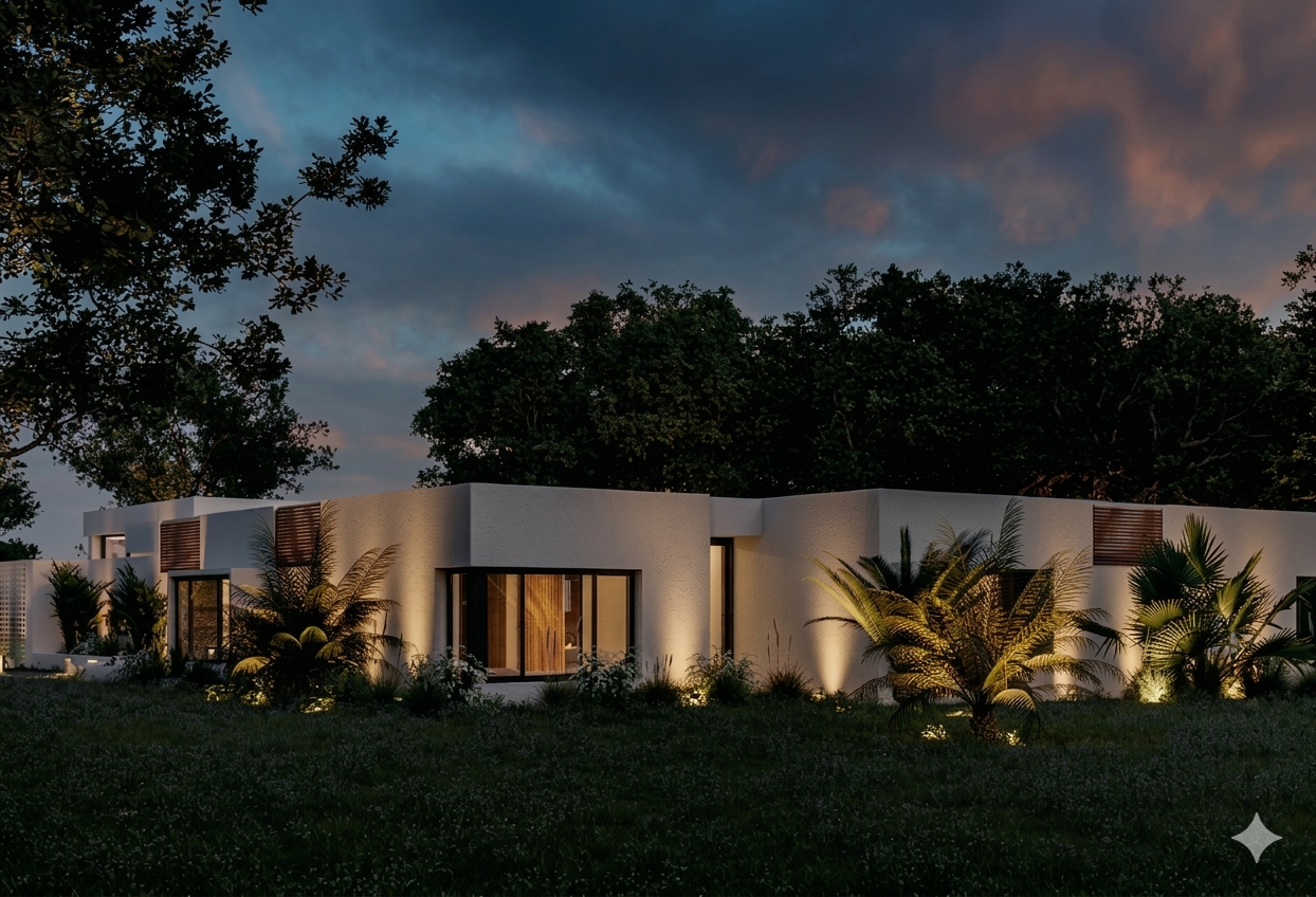 Night view of a luxury villa's bedroom wing in Mallorca, featuring warm architectural up-lighting on white textured walls and modern curved corners, designed by Sebastian PM.