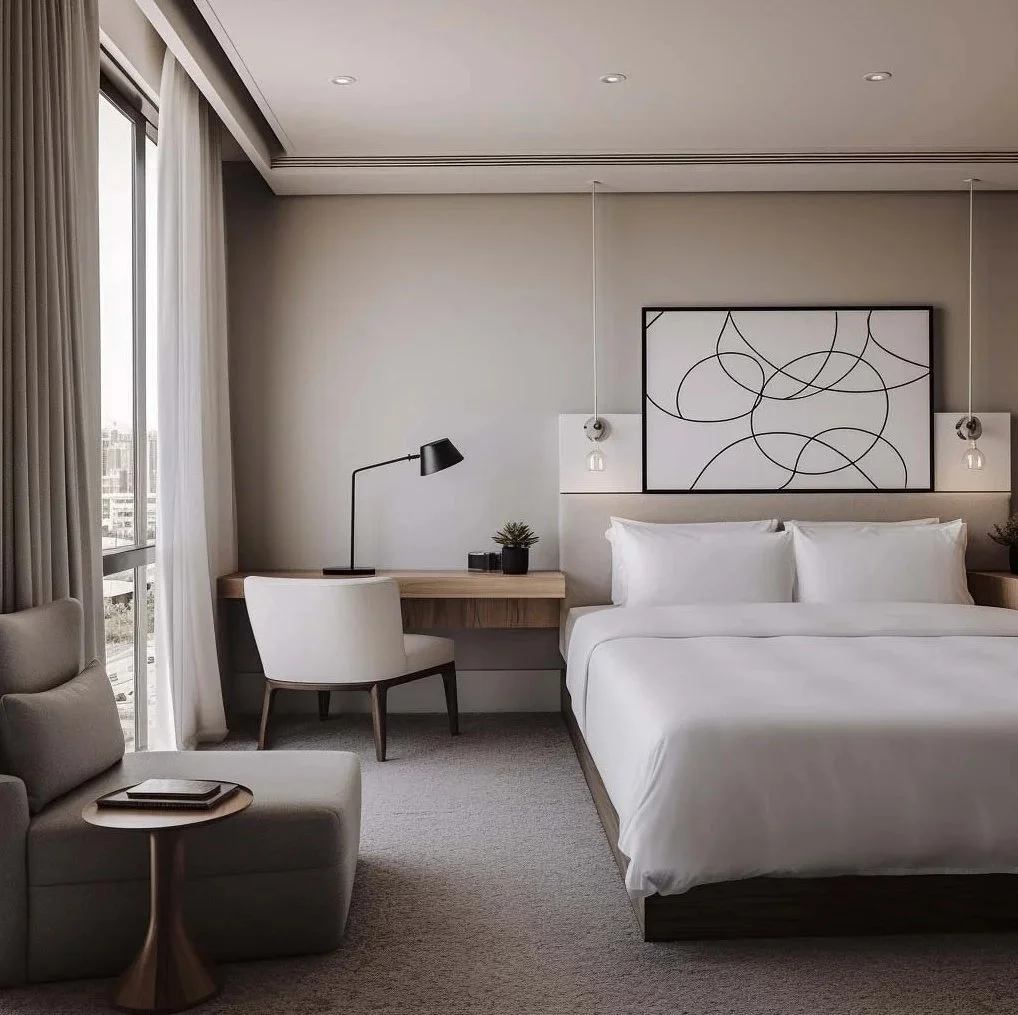 Minimalist luxury hotel suite in Madrid featuring a clean neutral palette, integrated wooden desk, modern line-art headboard, and floor-to-ceiling windows with a city view.