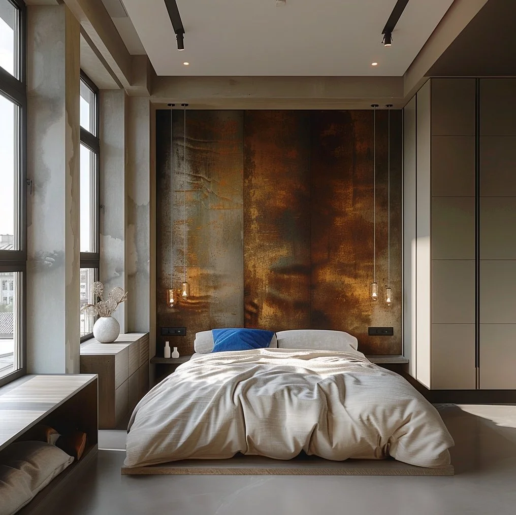 Luxury industrial bedroom in a Barcelona loft featuring a large oxidized gold-leaf accent wall, minimalist platform bed, concrete textures, and floor-to-ceiling windows with city views, designed by Sebastian PM