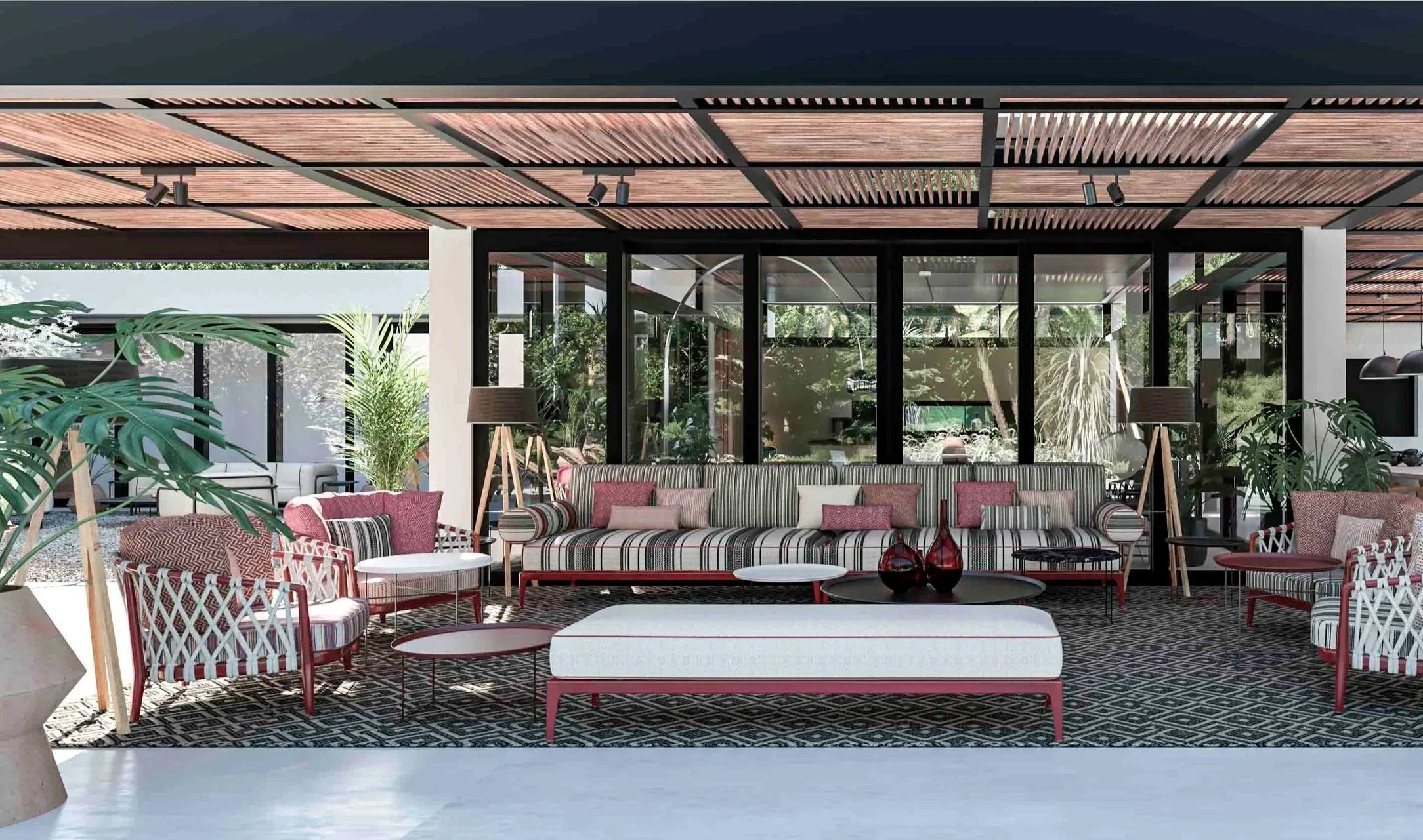Luxury outdoor lounge area at Casa Palmar Mallorca, featuring bespoke designer furniture, striped upholstery, and a modern architectural pergola by Sebastian PM