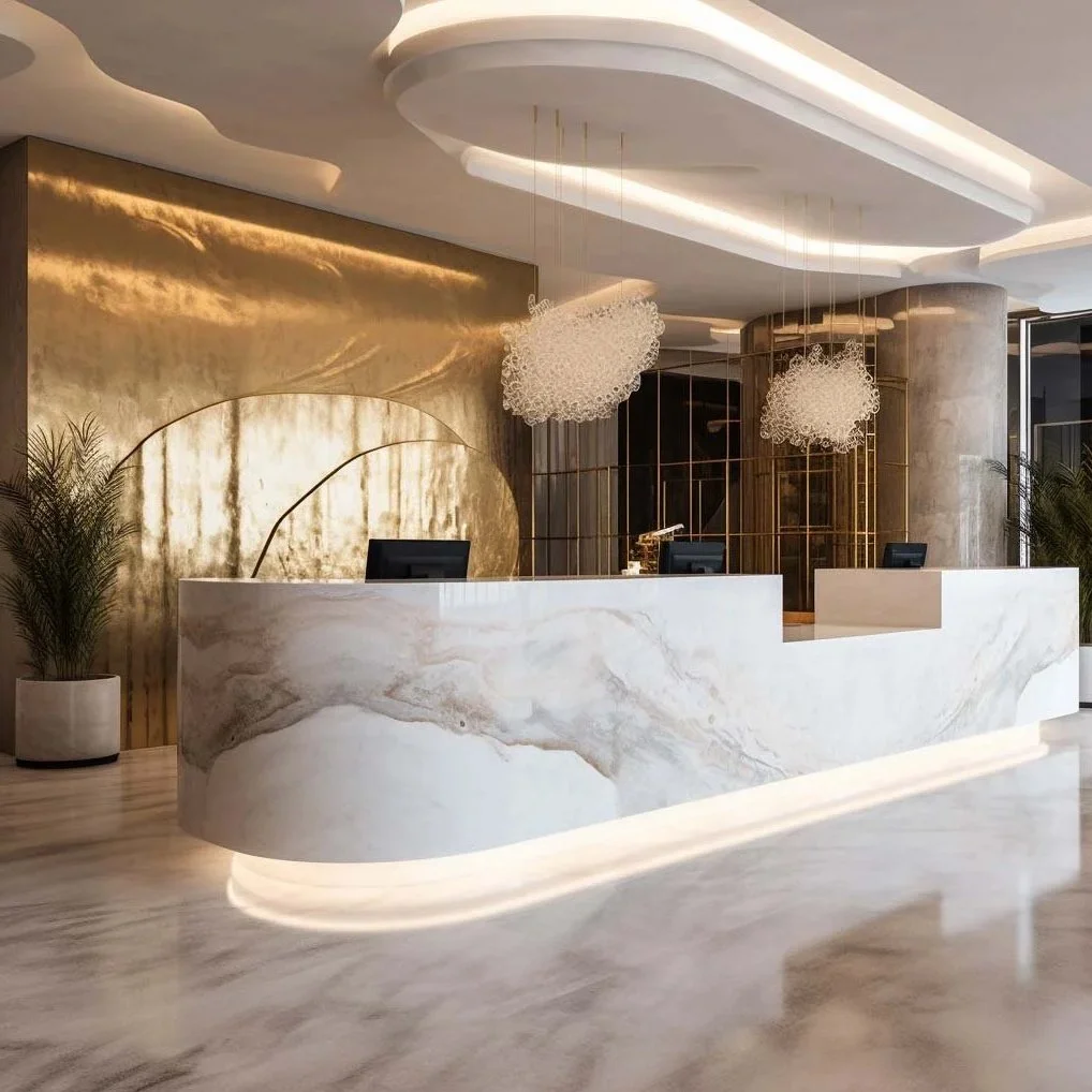 Luxury hotel reception in Madrid featuring a curved white Calacatta marble desk, a bespoke golden-paneled back wall, and sculptural crystal pendant lights