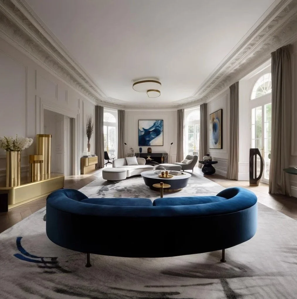 Grand neoclassical living hall in a London apartment featuring a bespoke curved navy blue velvet sofa, hand-applied gold accents, soaring ceilings with intricate crown molding, and large-scale windows.