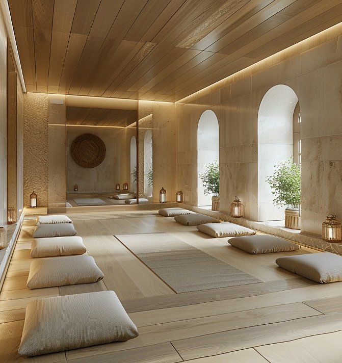 Minimalist luxury spa corridor in Madrid with travertine stone walls, warm timber ceilings, integrated linear LED lighting, and custom cream-colored benches, designed by Sebastian PM