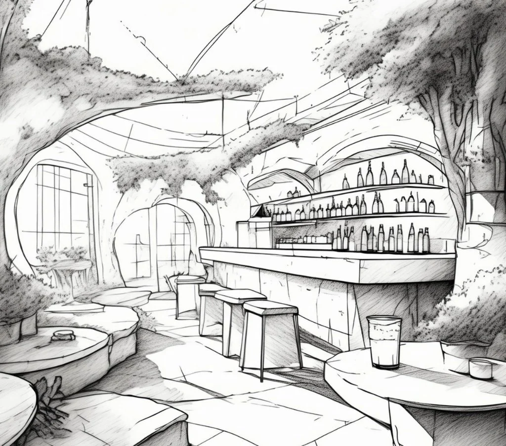 Luxury cocktail bar carved into a white rock cave with a monolithic stone counter, minimalist white stools, and an open view of the Mediterranean Sea, designed by Sebastian PM.