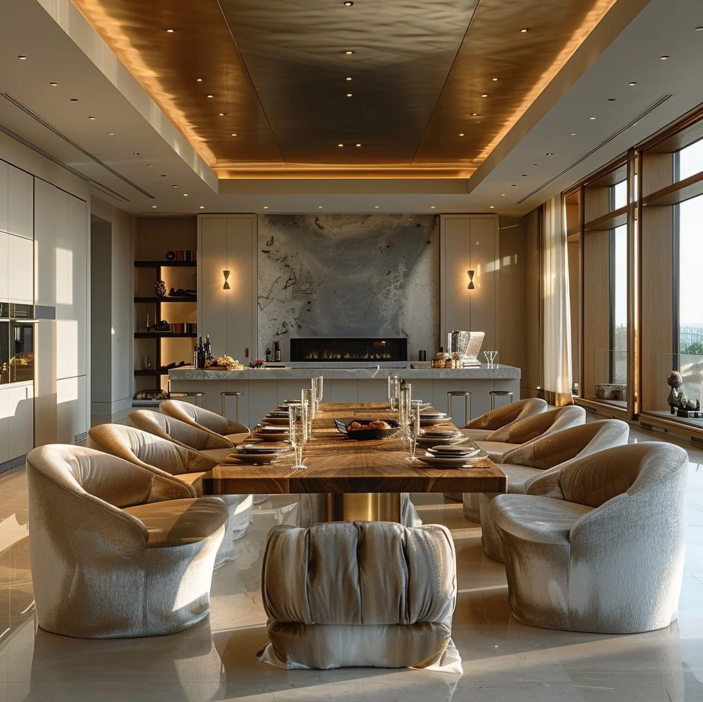 Luxury dining room in Valencia with a gold-leaf coffered ceiling, a long walnut table, plush velvet armchairs, and a marble fireplace backdrop.