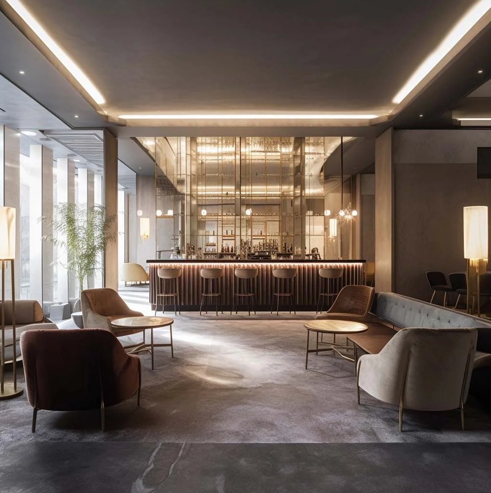 Luxury hotel bar in Paris featuring a ribbed wood mixology station, plush velvet lounge chairs in terracotta and cream, towering backlit gold shelving, and warm ambient lighting creating a "subterranean-chic" social club atmosphere.