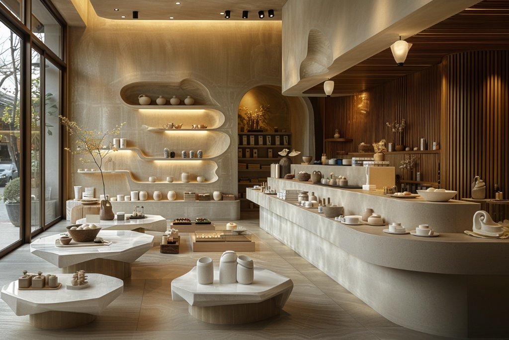 Sculptural retail hall in a luxury Madrid wellness center, featuring a monolithic stone counter, organic curved shelving, bespoke marble display tables, and warm timber slats, designed by Sebastian PM.