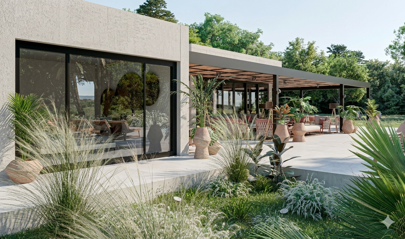 Architectural facade of a luxury villa in Mallorca featuring a master suite with large glass windows, a modern pergola, and integrated Mediterranean landscaping designed by Sebastian PM.