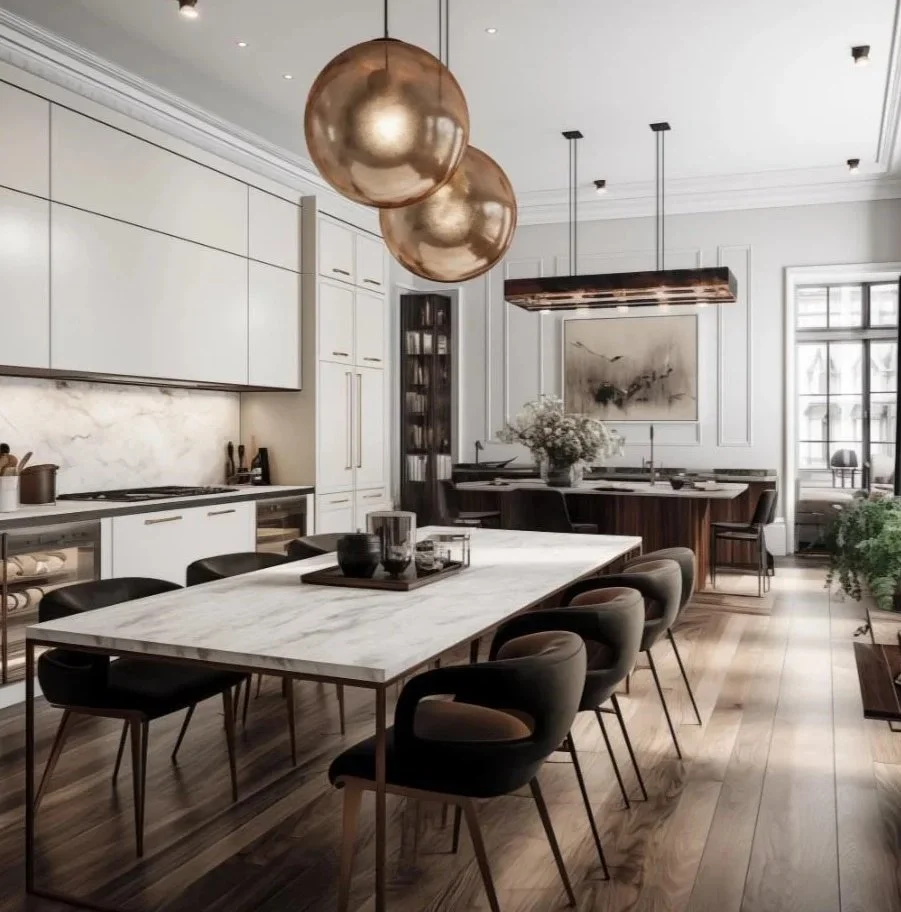 Expansive luxury kitchen and dining area in a London residence, featuring a large white marble dining table, copper globe pendant lights, minimalist white cabinetry, and warm hardwood flooring.