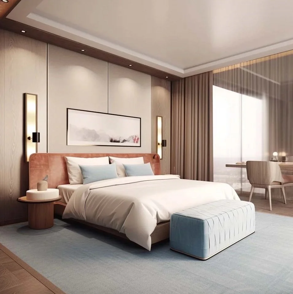 Luminous guest suite in a Paris boutique hotel featuring a cerulean blue rug, a warm terracotta velvet headboard, light wood paneling, and a contemporary desk bathed in natural Parisian light.