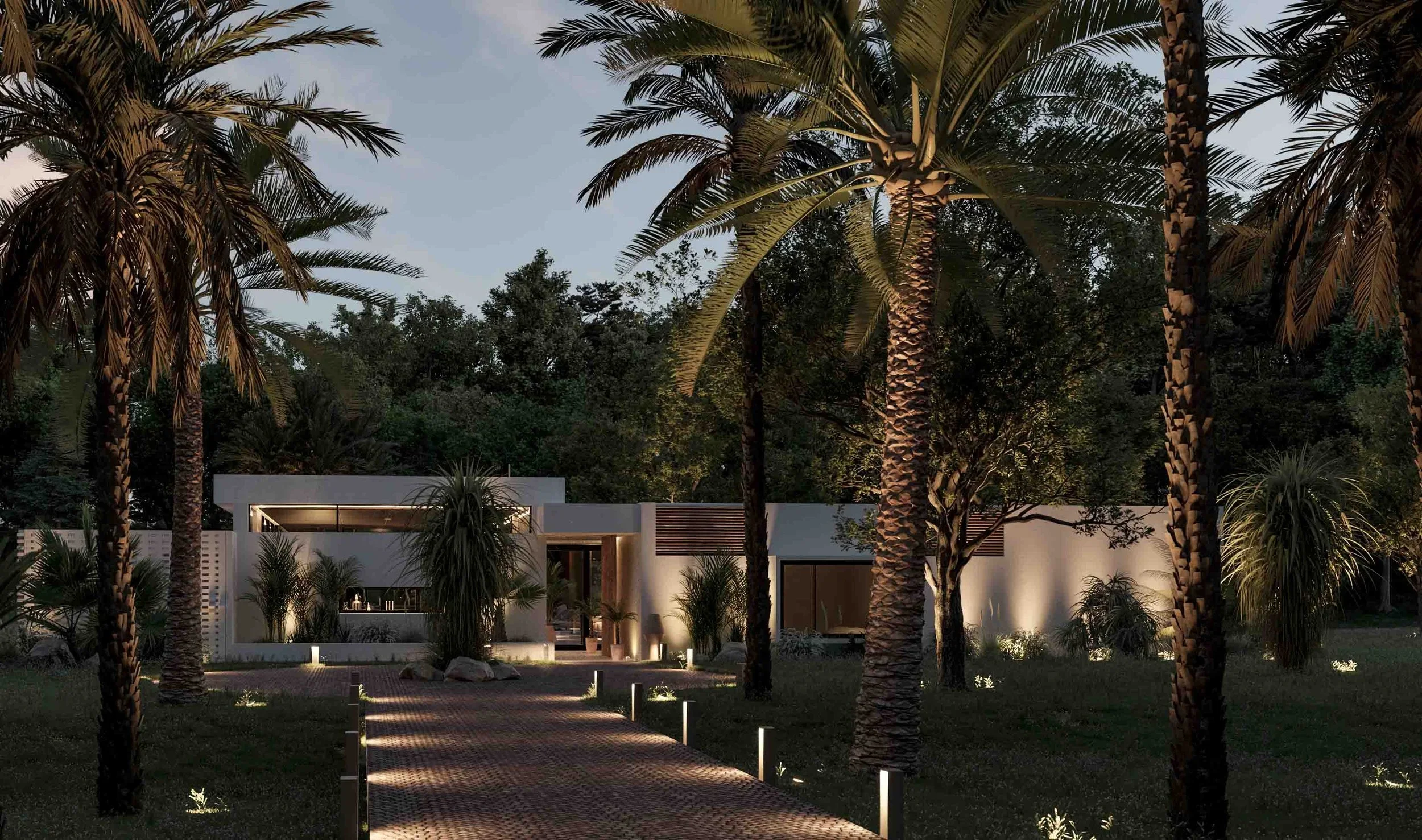 Architectural night shot of a luxury villa entrance in Mallorca featuring a brick pathway, modern bollard lights, and bespoke lighting on concrete walls, designed by Sebastian PM.