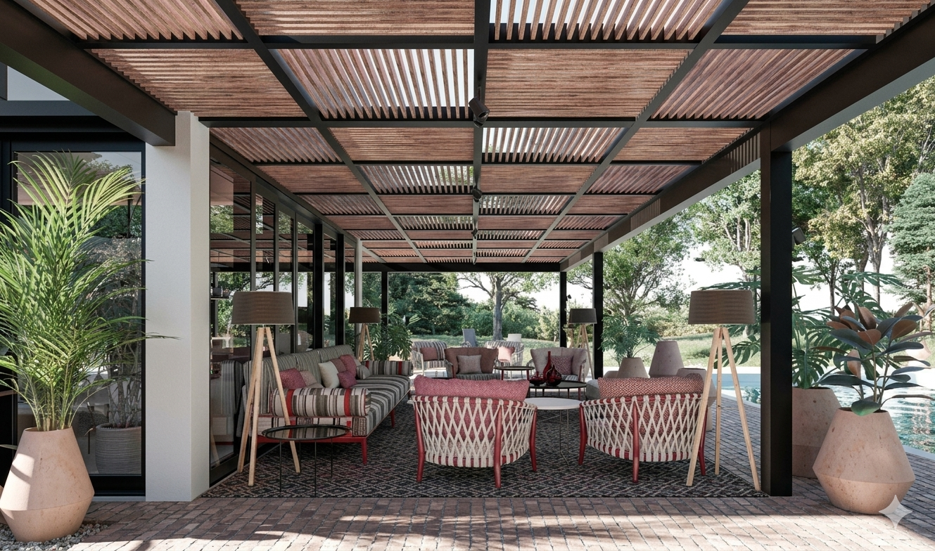 Modern luxury porch with a bespoke wooden slat pergola, high-end outdoor furniture with red and grey upholstery, and designer floor lamps in a Mallorca villa by Sebastian PM.