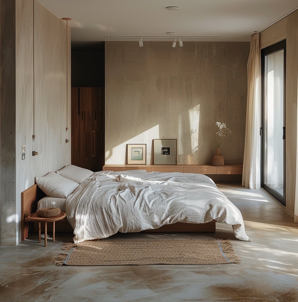 Master bedroom in a Barcelona Eixample apartment with a low wooden platform bed, exposed timber ceiling beams, raw concrete walls, and natural stone flooring by Sebastian PM.
