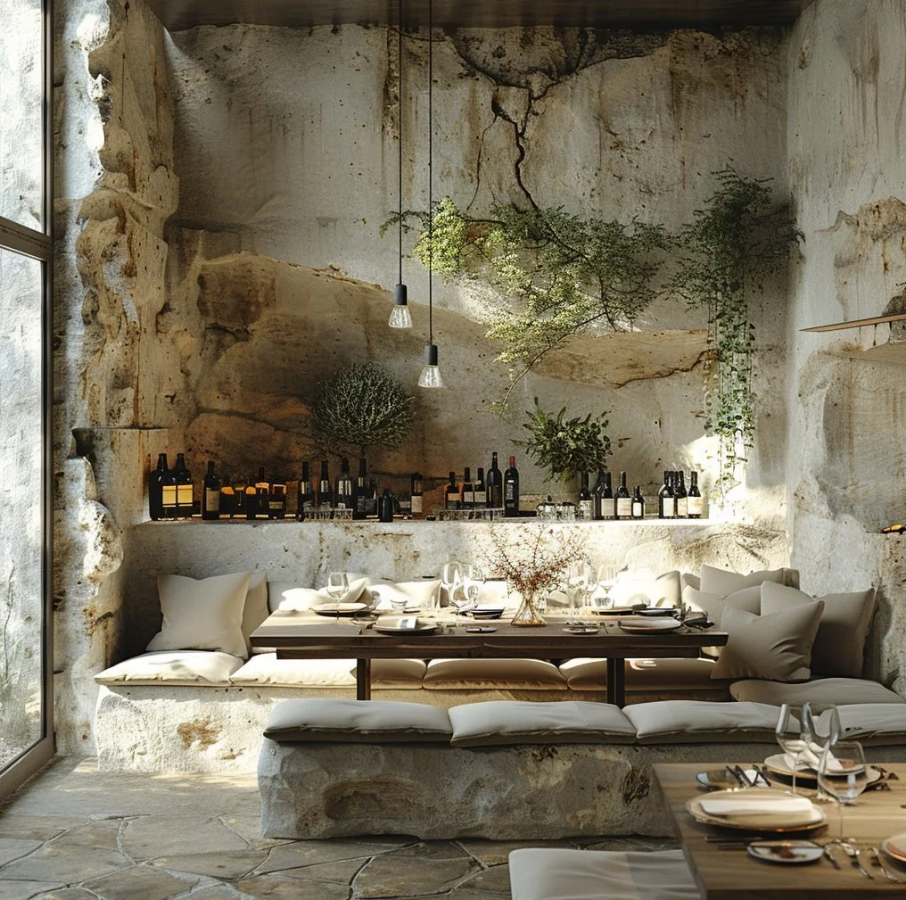 Luxury cave cocktail bar interior featuring organic stone-carved seating, beige bespoke textiles, solid wood tables, and integrated natural shelving for wine collection, designed by Sebastian PM