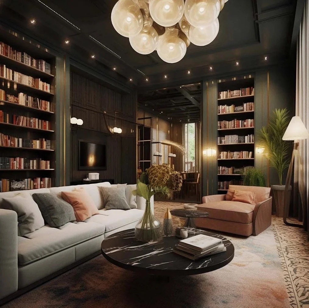 Exclusive "Salon Privé" at a Paris boutique hotel featuring floor-to-ceiling ebonized timber bookcases, a round black marble coffee table, a light grey sofa with terracotta accents, and a sculptural glass orb chandelier.