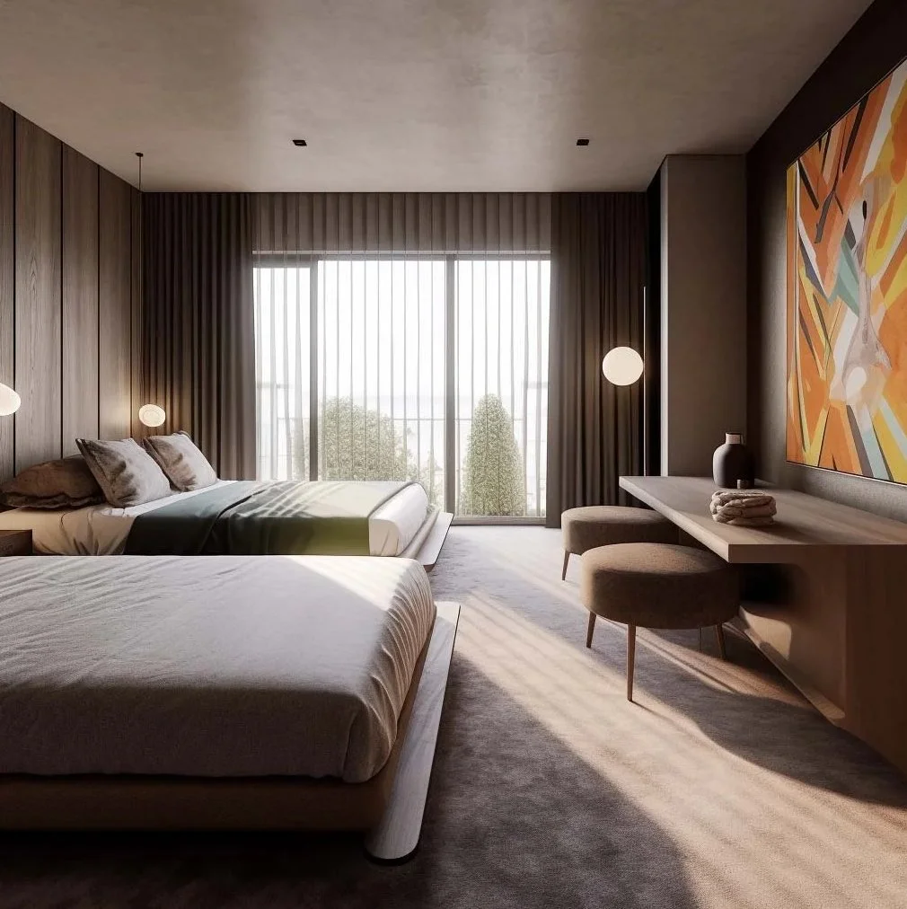 Luxury double guest suite in Madrid with minimalist platform beds, warm wood paneling, and vibrant contemporary art, designed by Sebastian PM.