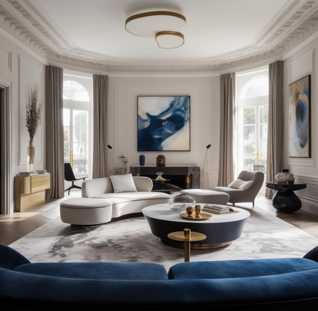 Grand living hall in a historic London apartment featuring neoclassical crown molding, large arched windows, abstract blue artwork, and a fluid arrangement of curved sofas and gold-accented decor.