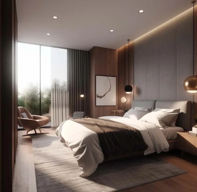 Luxury hotel suite in Madrid with rich wood wall paneling, a contemporary upholstered headboard, designer pendant lighting, and a mid-century leather lounge chair, designed by Sebastian PM.