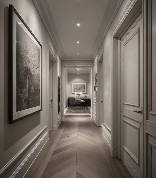 Elegant luxury hallway in a historic London period apartment featuring light oak chevron hardwood flooring, classic wall moldings, and curated fine art photography under sophisticated recessed lighting.