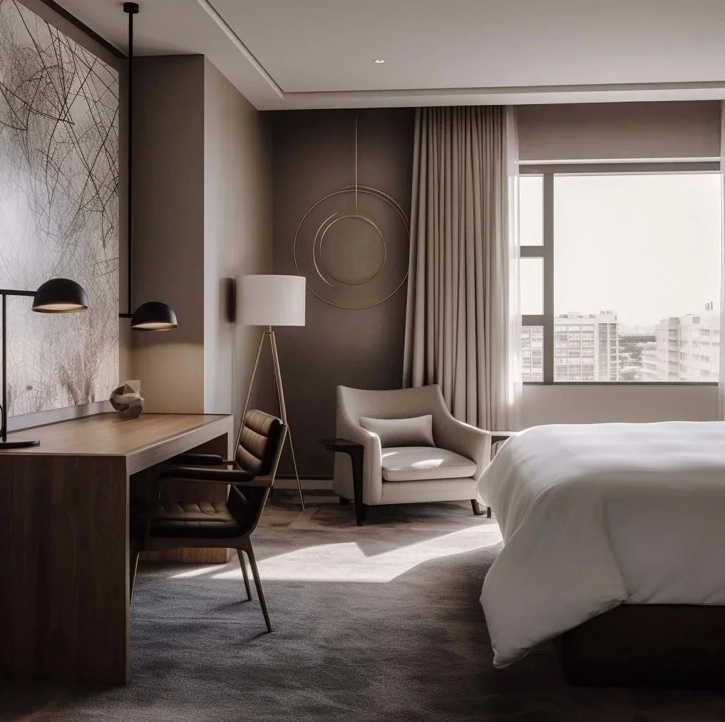 Upscale hotel suite in Madrid featuring a solid timber executive desk, a leather office chair, a neutral-toned reading armchair, and biomorphic circular wall art under warm ambient lighting