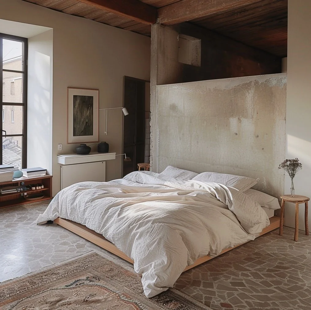 Master bedroom with a warm minimalist design in Barcelona, featuring a low wooden platform bed, raw concrete partition wall, exposed timber ceiling beams, and natural linen bedding, designed by Sebastian PM.