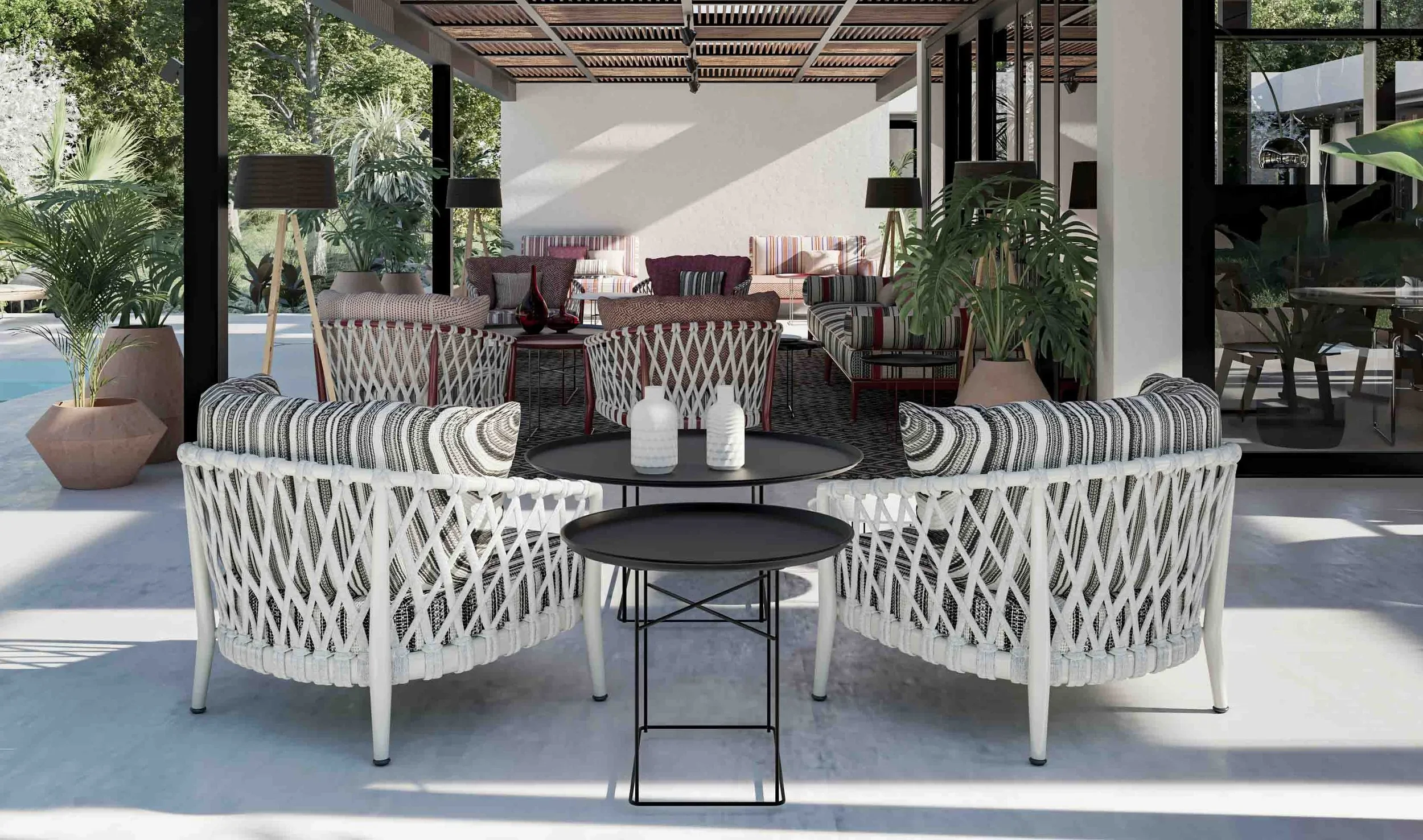 Detailed view of bespoke luxury outdoor furniture on a Mediterranean terrace in Mallorca, designed by Sebastian PM architecture and interior design