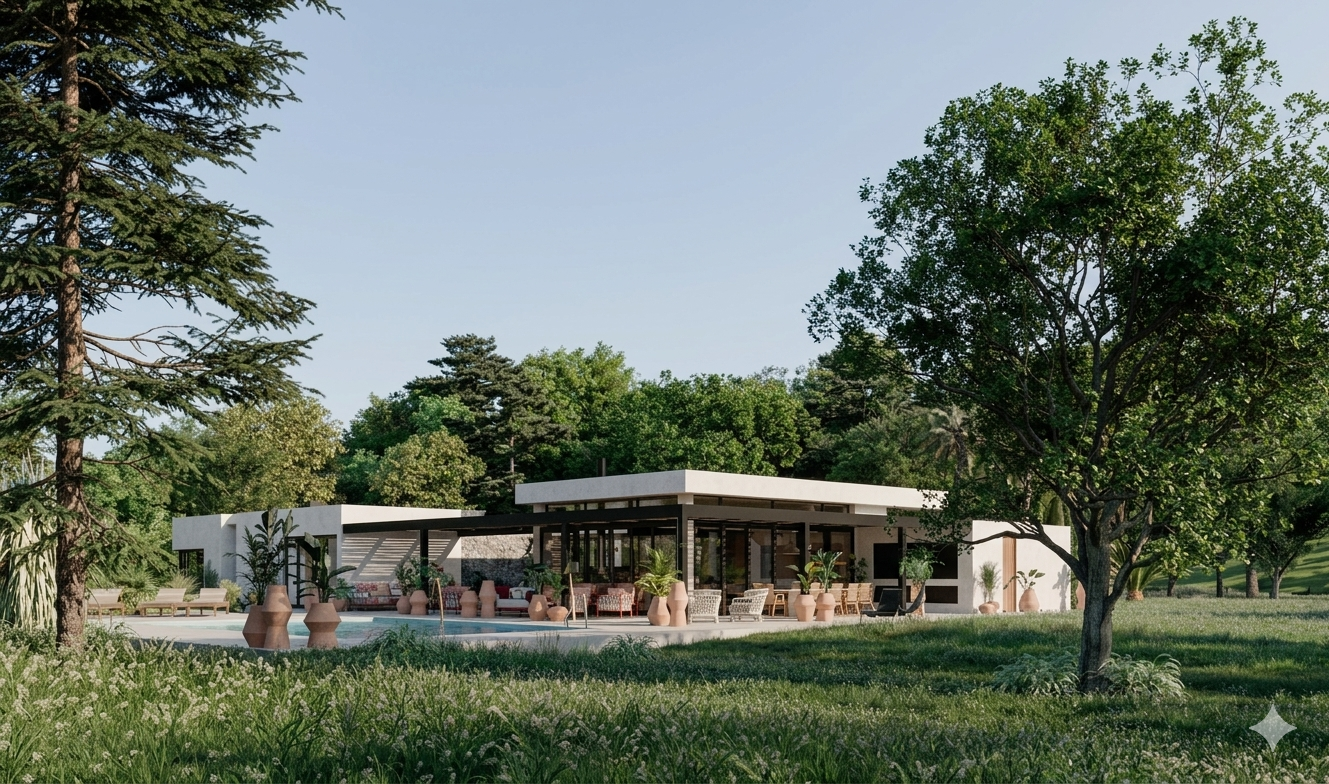 Wide-angle architectural shot of Casa Palmar in Mallorca, featuring a modern luxury villa with a swimming pool, integrated terrace, and mature Mediterranean garden under a clear blue sky.