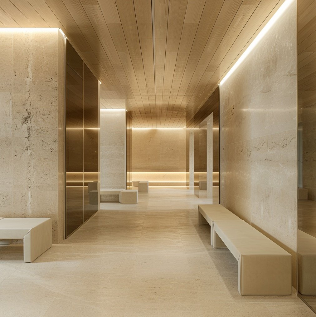 Minimalist luxury spa corridor in Madrid with travertine stone walls, warm timber ceilings, integrated linear LED lighting, and custom cream-colored benches, by Sebastian PM