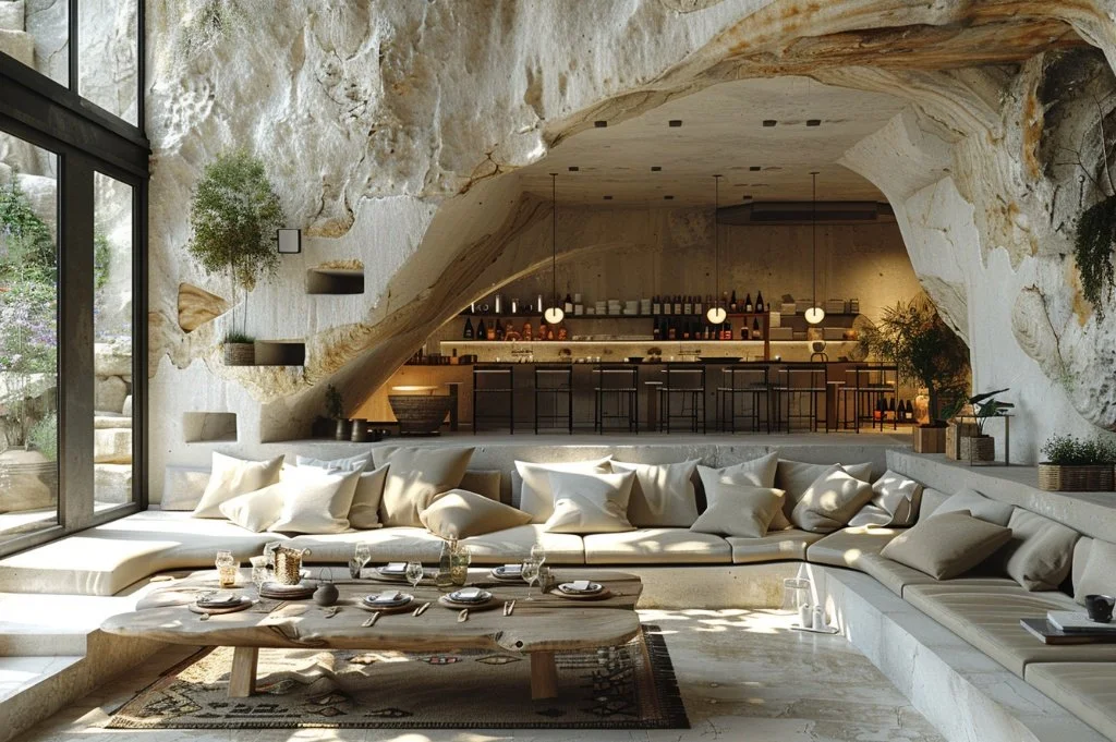 Wide view of a luxury mediterranean cave bar featuring an organic rock ceiling, sunken lounge with ethnic rugs, solid wood tables, and a sophisticated cocktail bar in the background, designed by Sebastian PM.