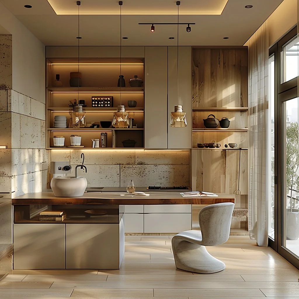 Luxury integrated kitchen in a Barcelona Eixample apartment featuring noble wood cabinetry, custom stone backsplash, a minimalist breakfast bar with a designer Verner Panton-style chair, and warm ambient lighting, designed by Sebastian PM