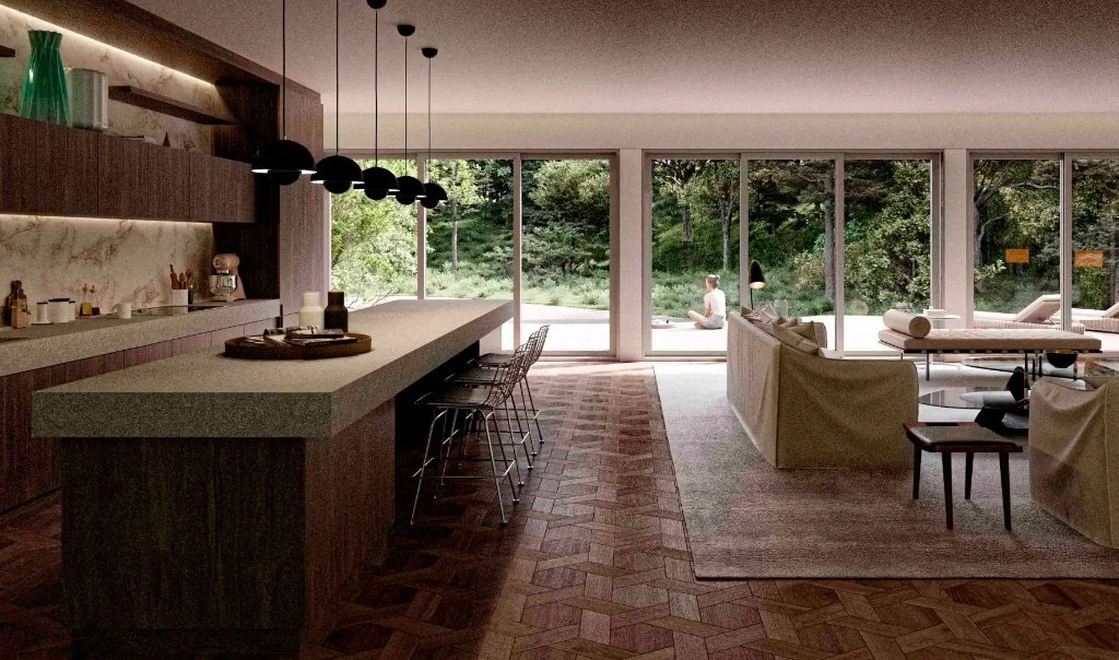 Modern luxury open-plan kitchen in a Girona forest residence, featuring a stone kitchen island, dark wood cabinetry, and large windows overlooking the woodland by Sebastian PM