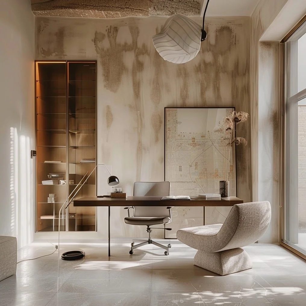 Minimalist home office studio in a Barcelona apartment, featuring a dark wood executive desk, a modern ergonomic office chair, a sculptural lounge chair, and textured clay walls with a floor-to-ceiling glass display cabinet, designed by Sebastian PM