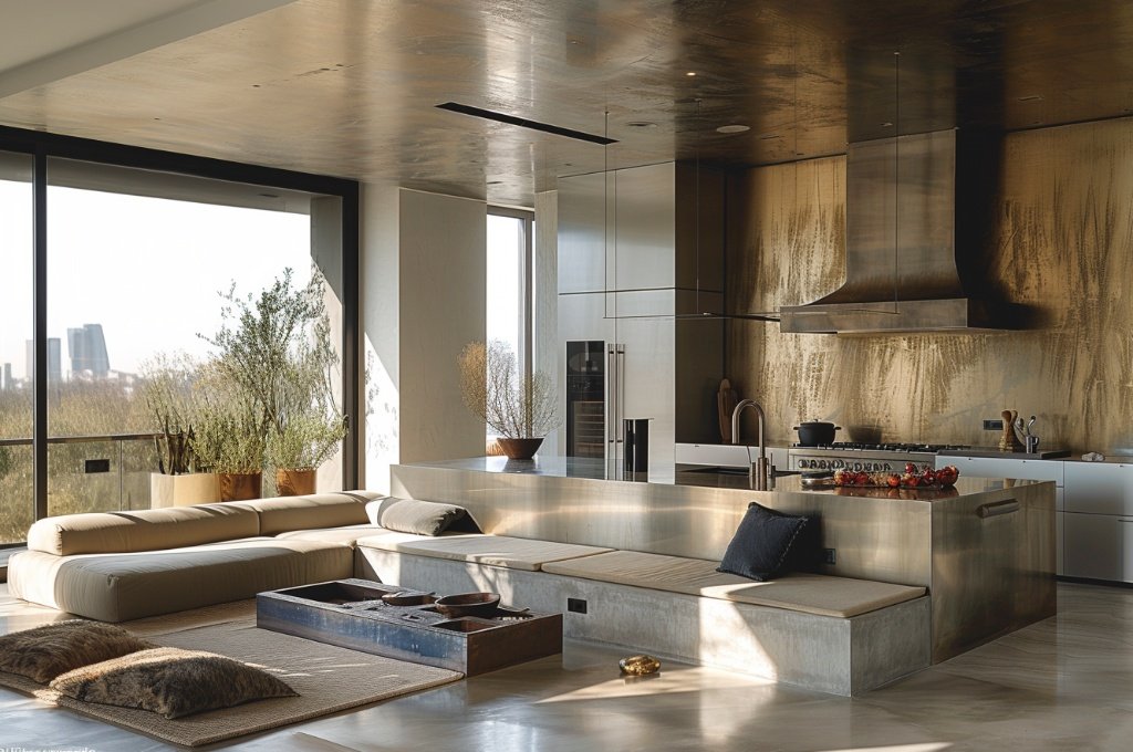 Open-plan luxury kitchen and living area in a Barcelona loft featuring a monolithic stainless steel island, gold-leaf wall panel, and contemporary industrial aesthetics by Sebastian PM.