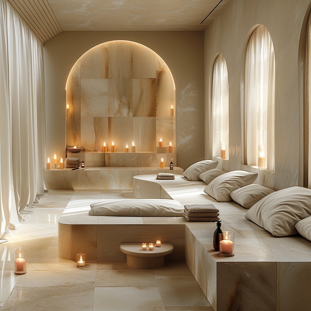 Luxury spa relaxation lounge in Madrid featuring organic arched alcoves, earth-toned marble stone seating, plush cream cushions, and ambient candle lighting, designed by Sebastian PM.