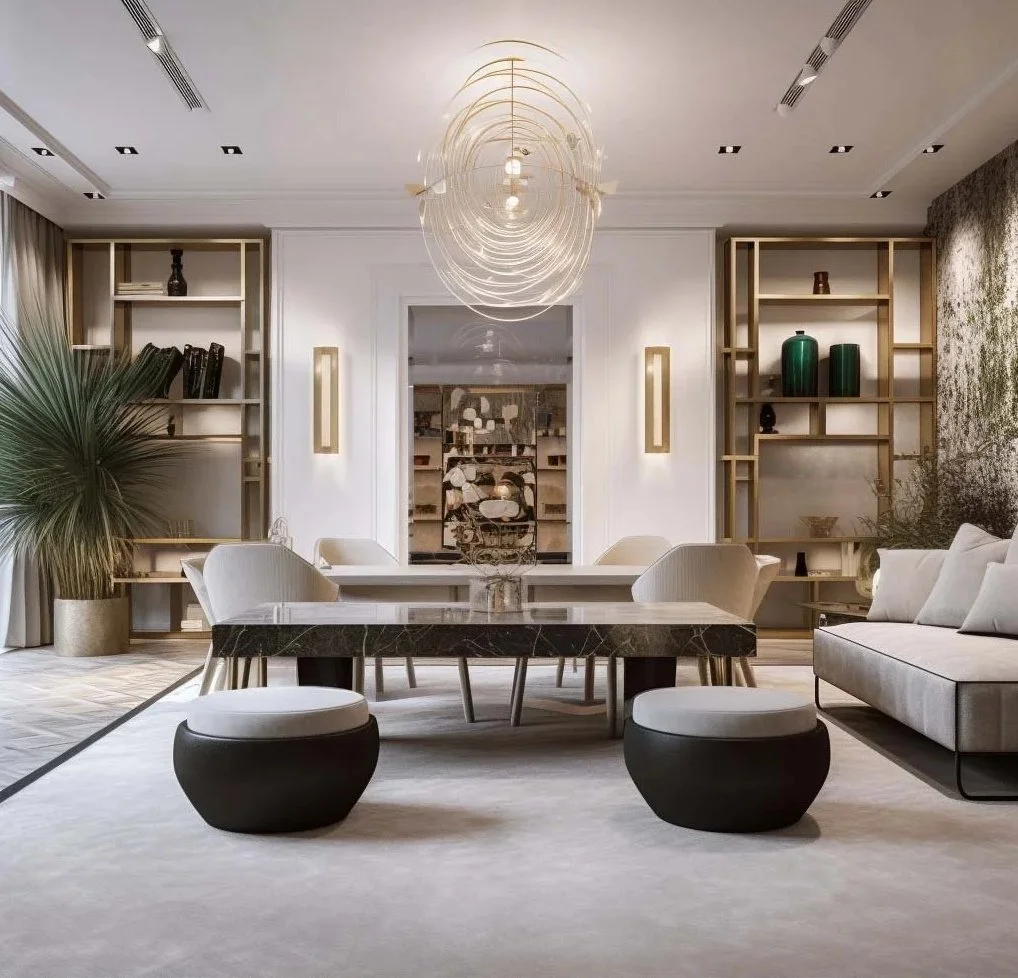Contemporary luxury hotel lounge in Madrid featuring a monolithic black marble coffee table, plush cream seating, gold-framed open shelving, and a large biomorphic sculptural chandelier.