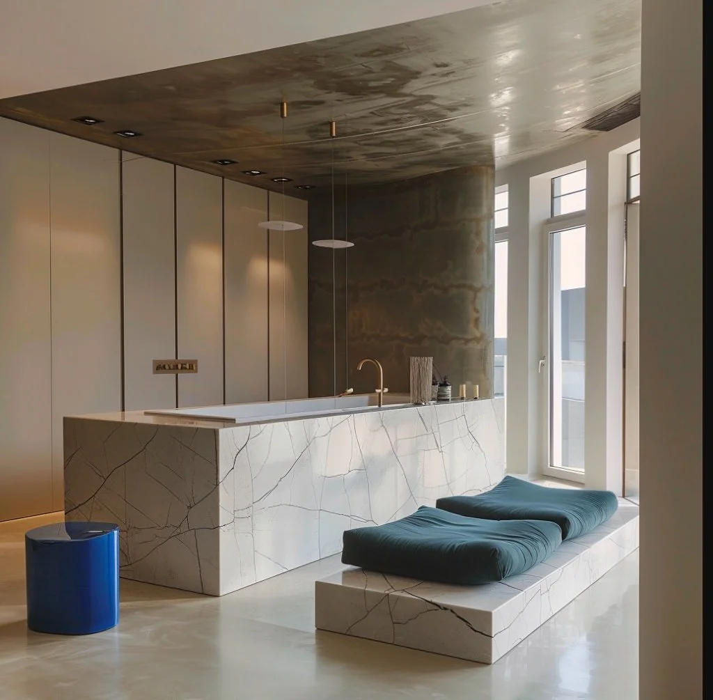 Industrial chic master bedroom in Barcelona with a large textured raw concrete accent wall, contemporary art, warm wooden floors and minimalist furniture by Sebastian PM