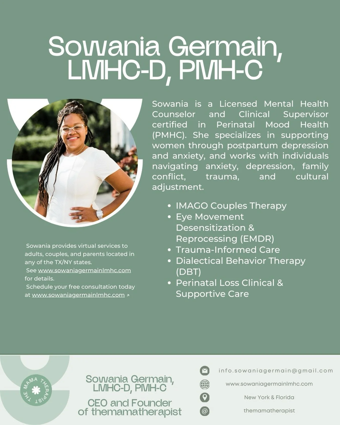 Meet Sowania Germain, LMHC-D, PMH-C. 🤍

Licensed Mental Health Counselor, Clinical Supervisor, and the heart behind The Mama Therapist.

Sowania specializes in supporting women through postpartum depression, anxiety, trauma, and cultural adjustment.