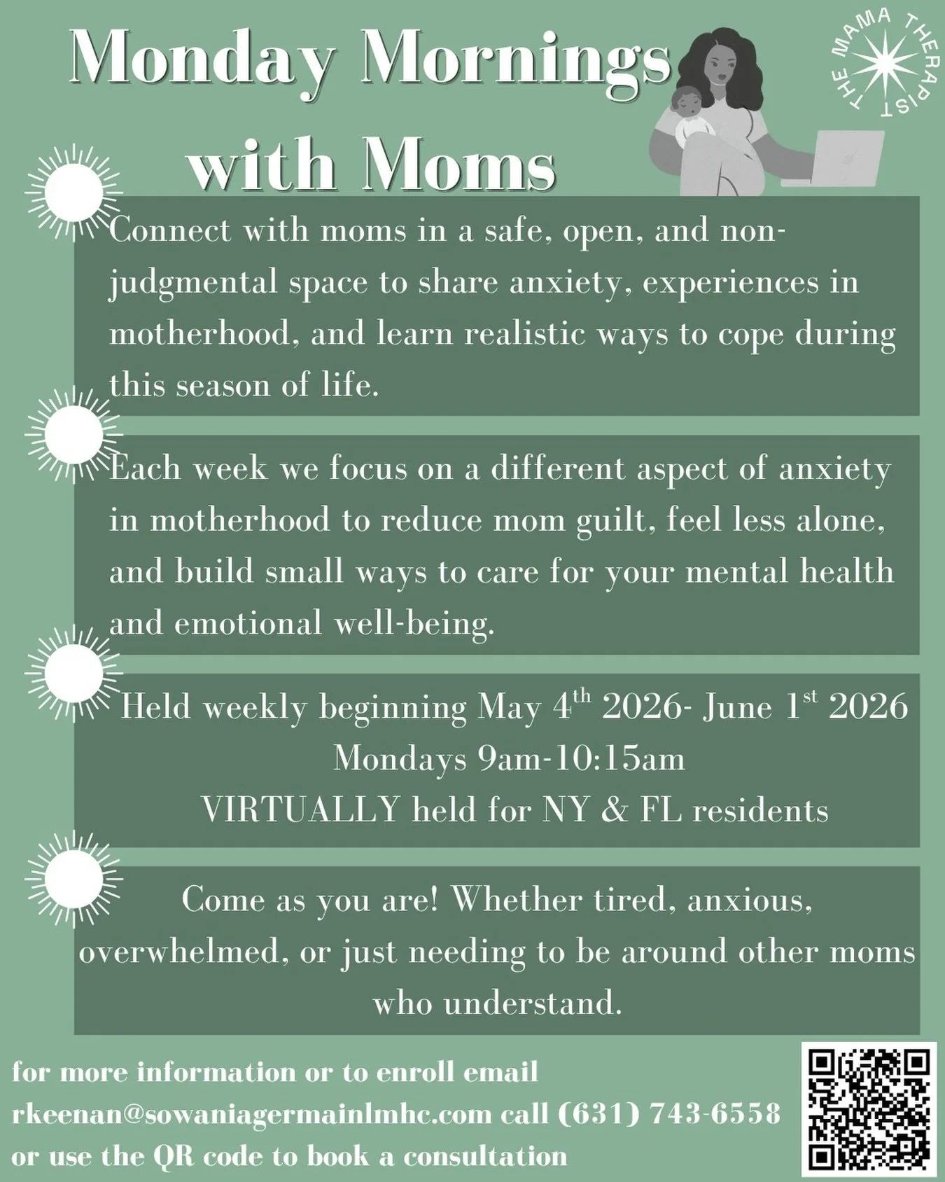 You don&rsquo;t have to figure out motherhood alone. 🌿

Monday Mornings with Moms is a judgment-free virtual space where moms can breathe, be honest, and actually feel supported.

Starts May 4th. Spots are limited.
📧 rkeenan@sowaniagermainlmhc.com
