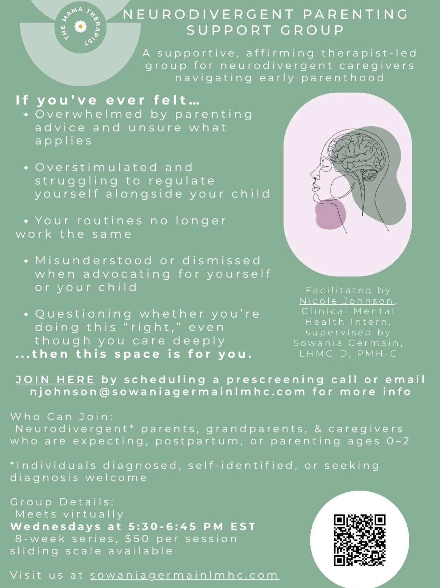 Neurodivergent Parenting Support Group is a judgment-free virtual space where neurodivergent caregivers can breathe, be honest, and actually feel understood.

Starts soon. Spots are limited.

📧 njohnson@sowaniagermainlmhc.com
🌐 sowaniagermainlmhc.c
